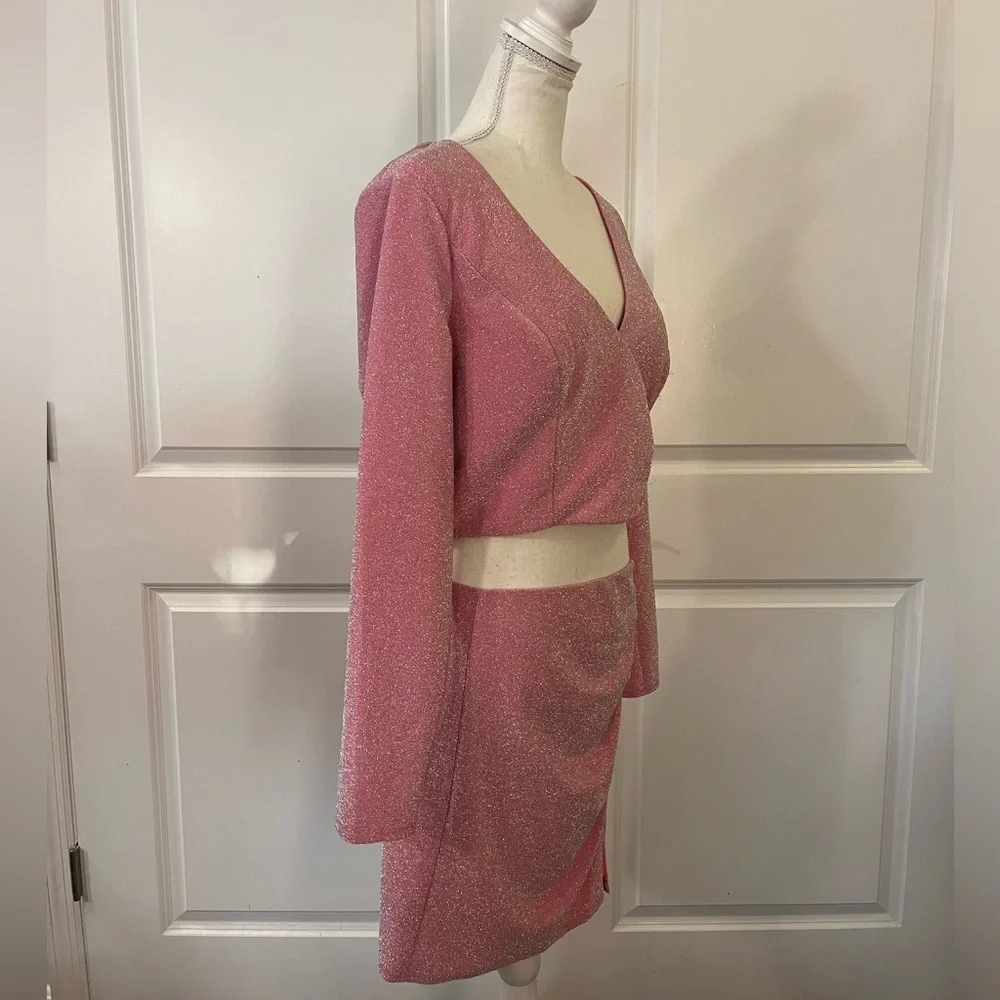 Crystal Doll Sparkly Pink 2-Piece Dress Set Mini Skirt & Long Sleeve Crop Top XL - Picture 5 of 16